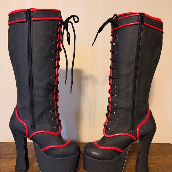 Black and Red Lace-Up & Zippered Platform Knee-High Boots - Picture 3 of 6